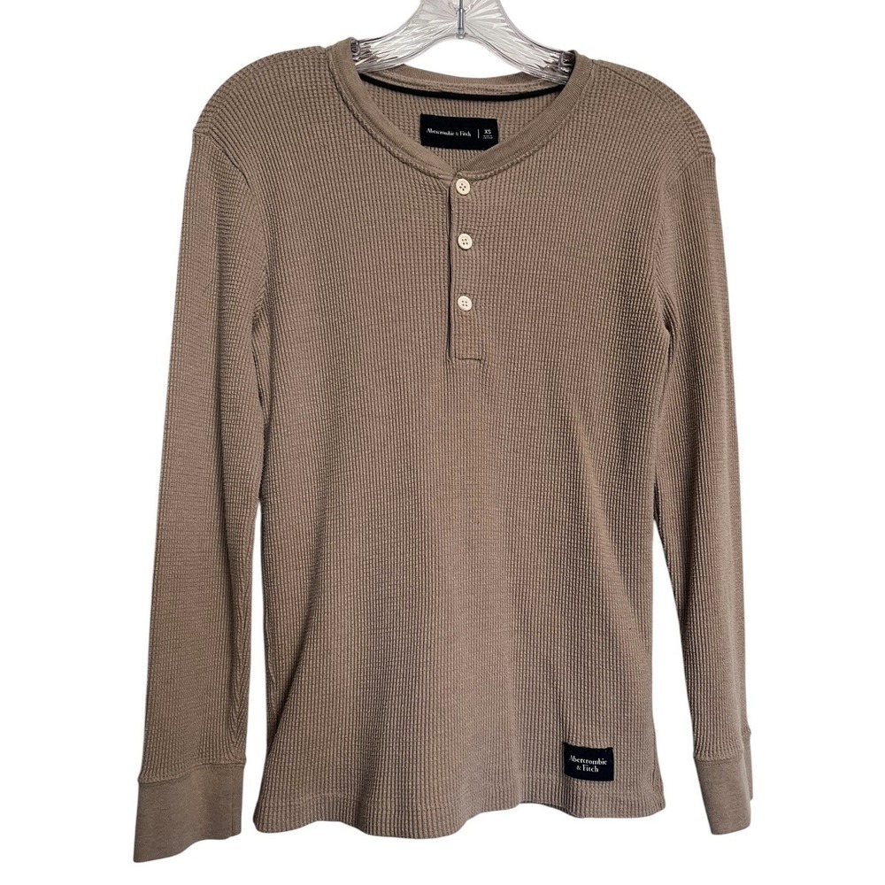 VTG Abercrombie & Fitch Sz XS Waffle Knit Henley Thermal LS Beige Tan Y2K